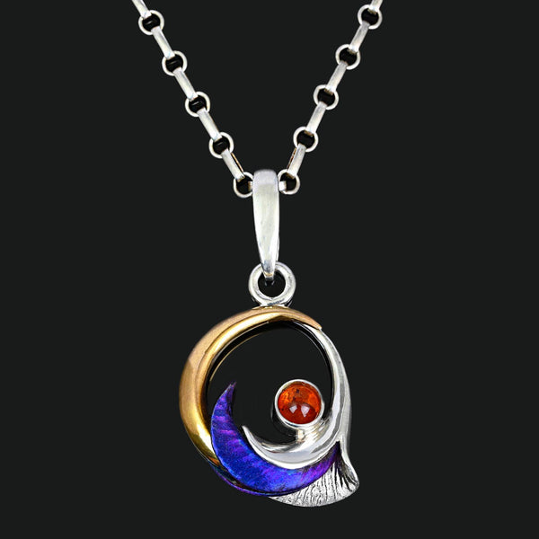 Sterling Silver Moon Pendant with Amber & Titanium