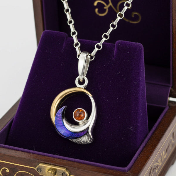 Sterling Silver Moon Pendant with Amber & Titanium
