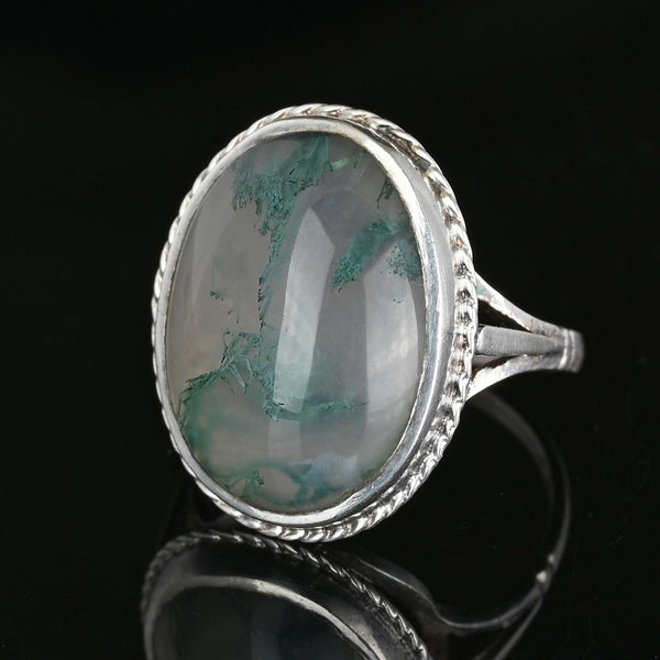 English Silver Large Oval Cabochon Moss Agate Ring - Boylerpf