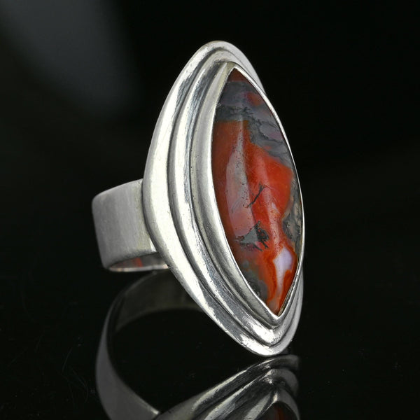 Large Marquise Cabochon Moss Agate Ring in Silver - Boylerpf