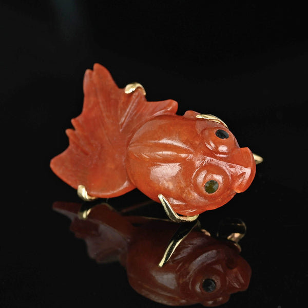 Vintage 14K Gold Koi Fish Red Jadeite Jade Brooch