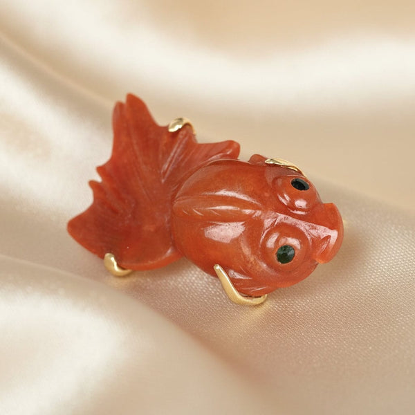 Vintage 14K Gold Koi Fish Red Jadeite Jade Brooch