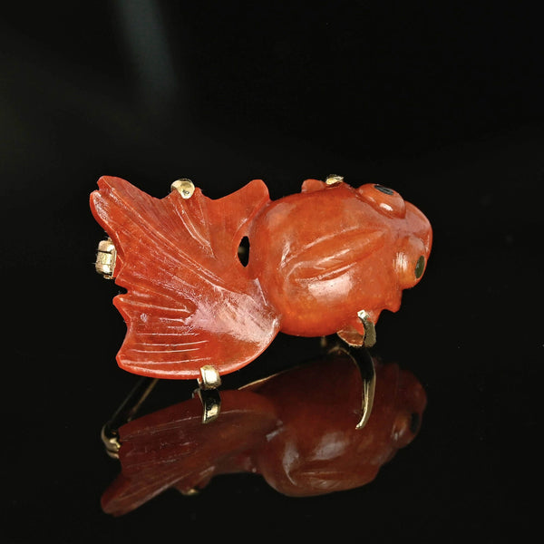 Vintage 14K Gold Koi Fish Red Jadeite Jade Brooch