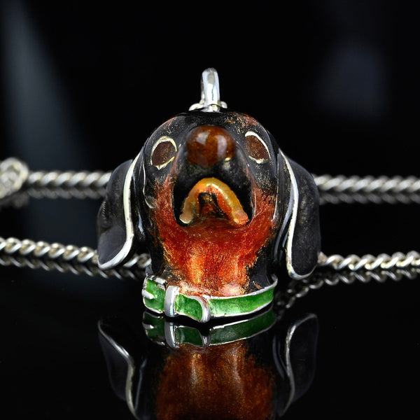 Heavy Solid Silver Dachshund Dog Enamel Pendant Necklace - Boylerpf
