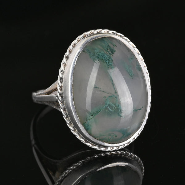 English Silver Large Oval Cabochon Moss Agate Ring - Boylerpf
