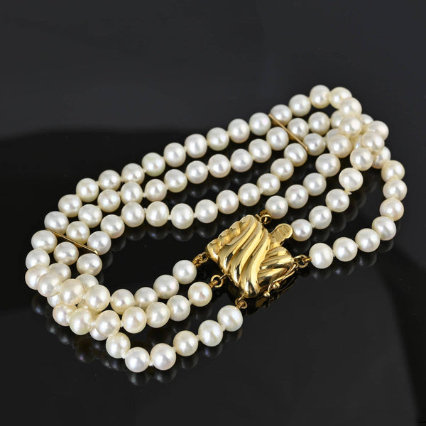 Vintage 14k Gold Three Row Pearl Bracelet - Boylerpf