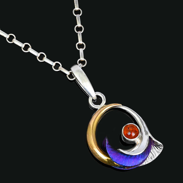 Sterling Silver Moon Pendant with Amber & Titanium