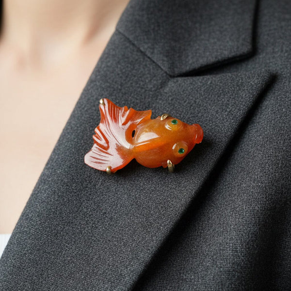 Vintage 14K Gold Red Jade Jadeite Koi Fish Brooch