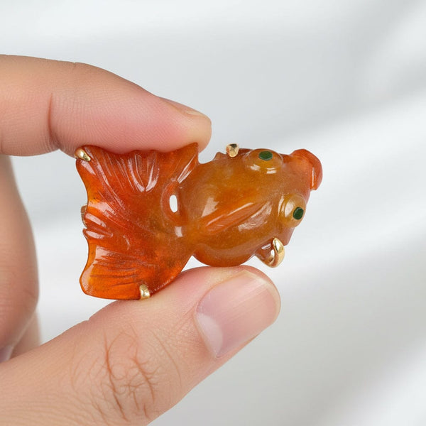 Vintage 14K Gold Red Jade Jadeite Koi Fish Brooch