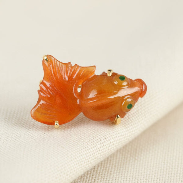 Vintage 14K Gold Red Jade Jadeite Koi Fish Brooch