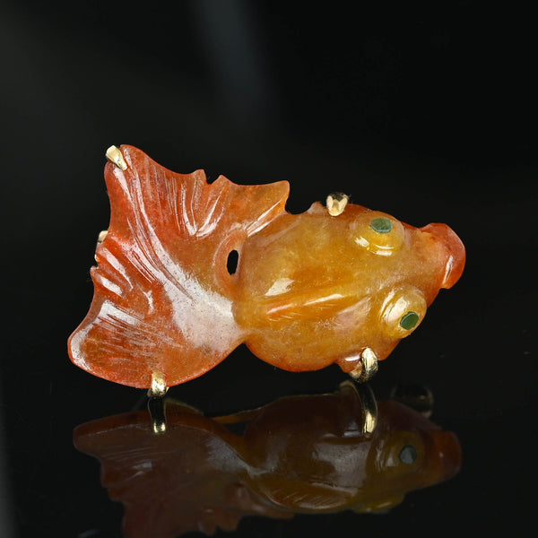 Vintage 14K Gold Red Jade Jadeite Koi Fish Brooch