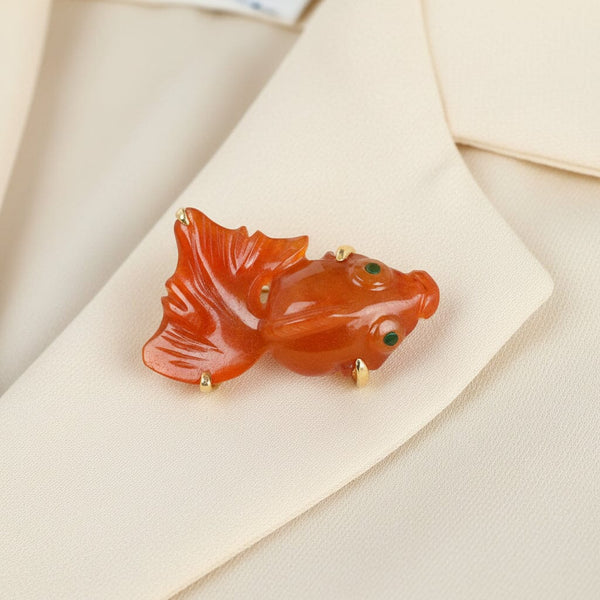 Vintage 14K Gold Red Jade Jadeite Koi Fish Brooch