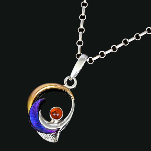 Sterling Silver Moon Pendant with Amber & Titanium