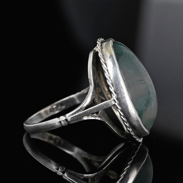English Silver Large Oval Cabochon Moss Agate Ring - Boylerpf