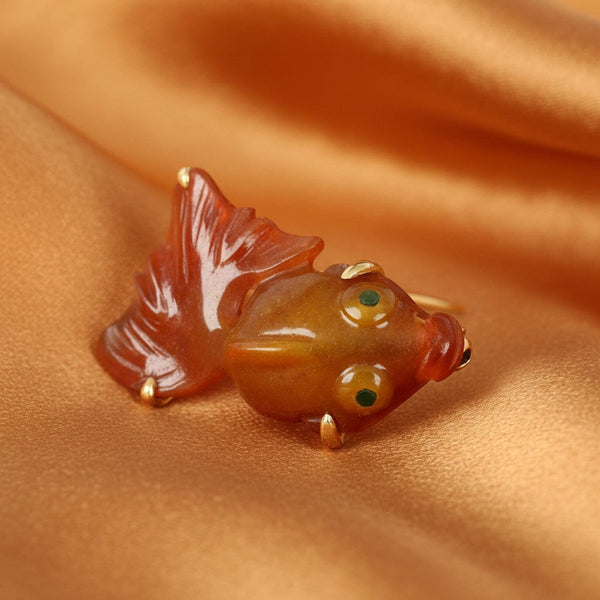 Vintage 14K Gold Red Jade Jadeite Koi Fish Brooch