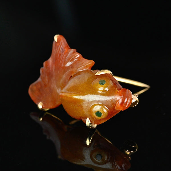 Vintage 14K Gold Red Jade Jadeite Koi Fish Brooch