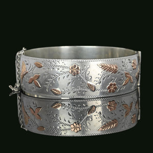 Wide Rose Gold Butterfly Bird Flower Silver Bracelet Bangle - Boylerpf