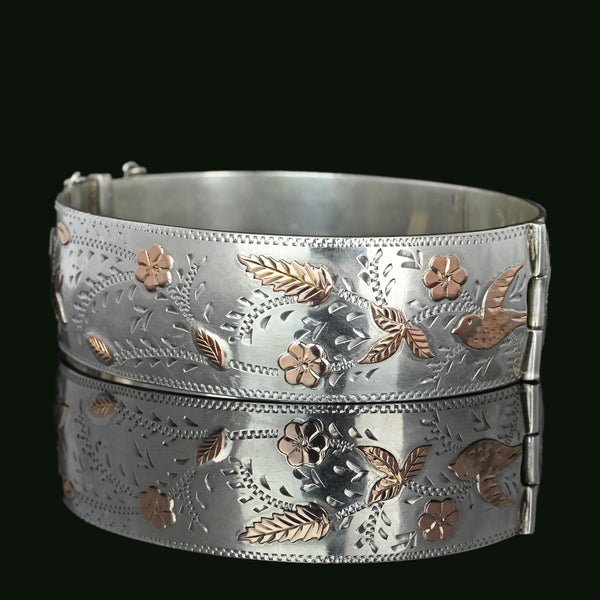 Wide Rose Gold Butterfly Bird Flower Silver Bracelet Bangle - Boylerpf