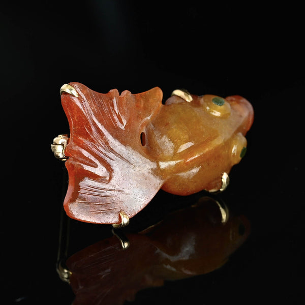 Vintage 14K Gold Red Jade Jadeite Koi Fish Brooch