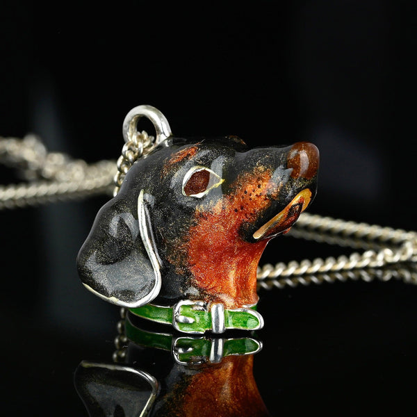 Heavy Solid Silver Dachshund Dog Enamel Pendant Necklace - Boylerpf