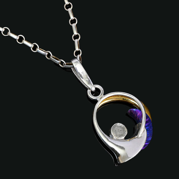 Sterling Silver Moon Pendant with Amber & Titanium