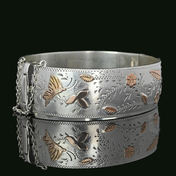 Wide Rose Gold Butterfly Bird Flower Silver Bracelet Bangle - Boylerpf