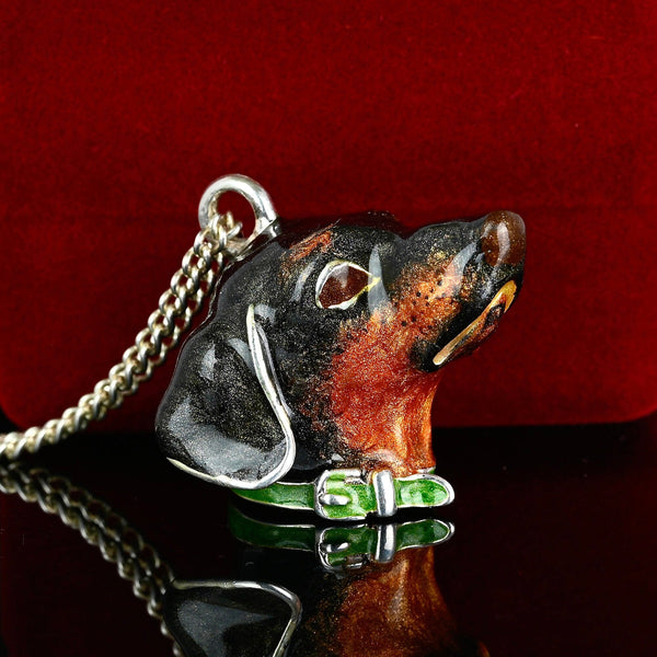 Heavy Solid Silver Dachshund Dog Enamel Pendant Necklace - Boylerpf