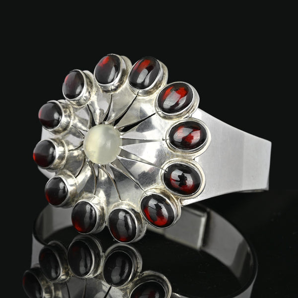 Wide Celestial Starburst Moonstone Garnet Bracelet in Silver - Boylerpf