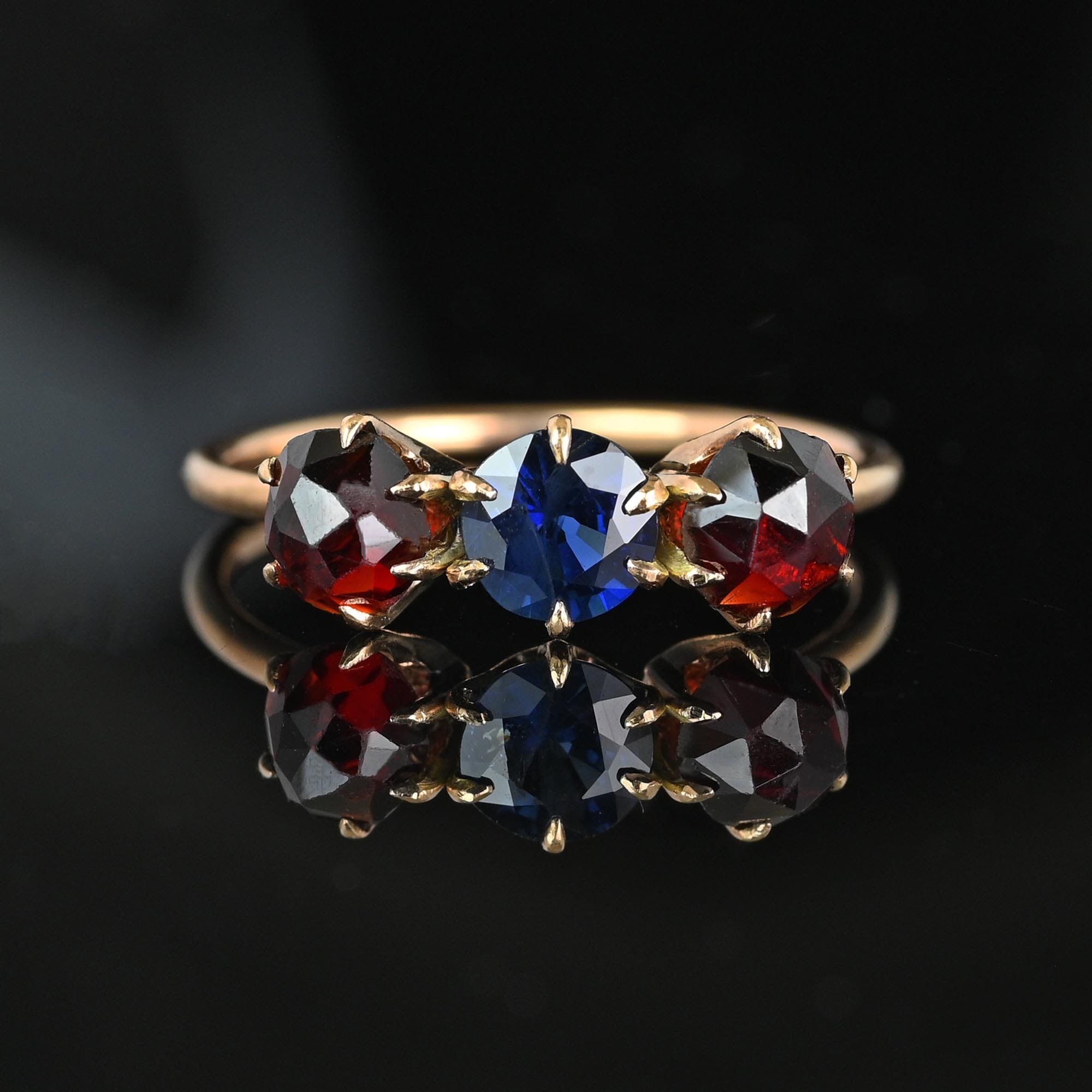 Antique Victorian Rose Cut Garnet Sapphire Ring, Three Stone