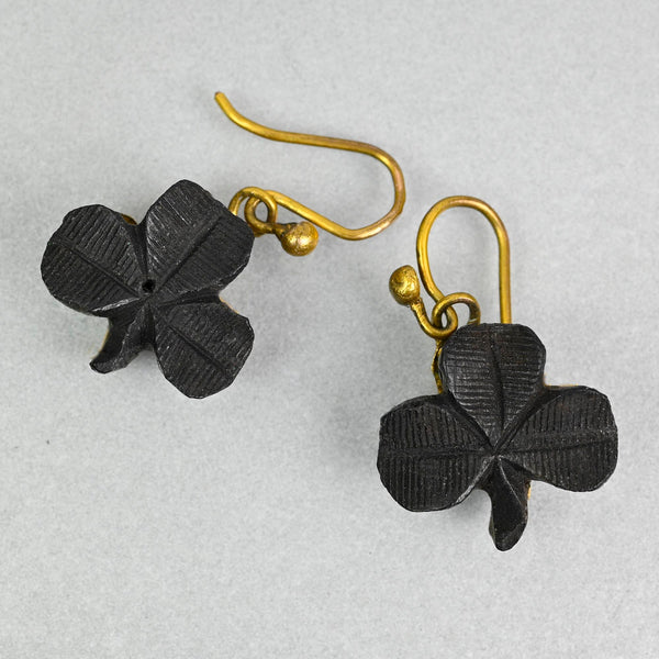 Antique Victorian Irish Bog Oak Shamrock Earrings