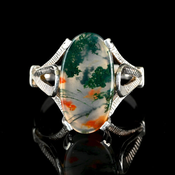 Vintage Moss Agate Dendritic Sterling Silver Statement Ring - Boylerpf