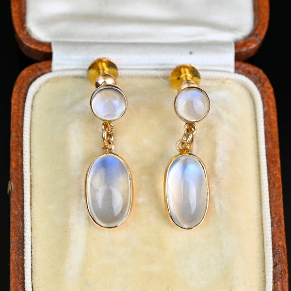 Vintage Birks 14K Gold Moonstone Cabochon Dangle Earrings