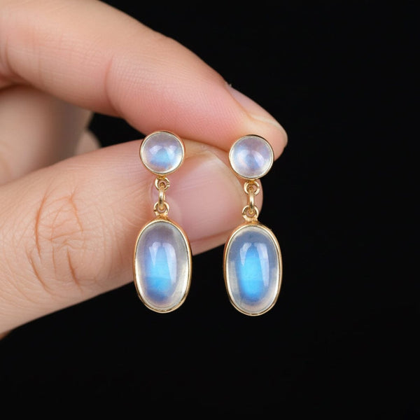 Vintage Birks 14K Gold Moonstone Cabochon Dangle Earrings
