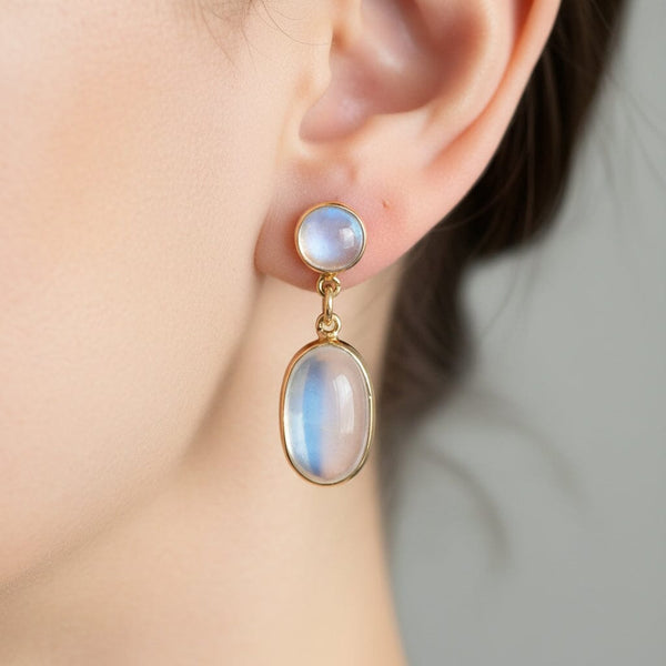 Vintage Birks 14K Gold Moonstone Cabochon Dangle Earrings