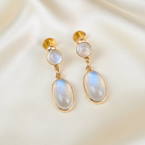 Vintage Birks 14K Gold Moonstone Cabochon Dangle Earrings