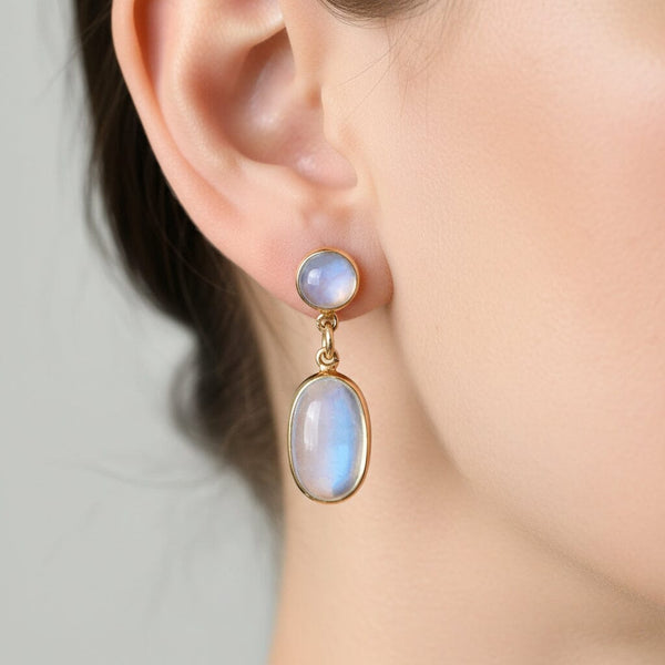 Vintage Birks 14K Gold Moonstone Cabochon Dangle Earrings