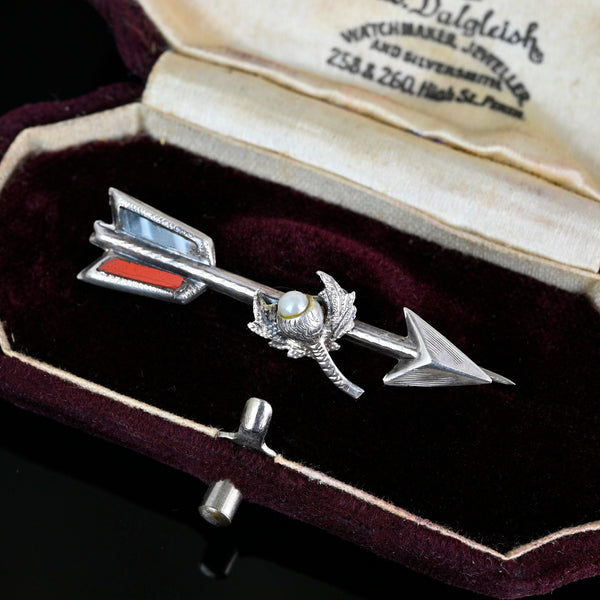 Antique Silver Scottish Agate Pearl Thistle Arrow Brooch