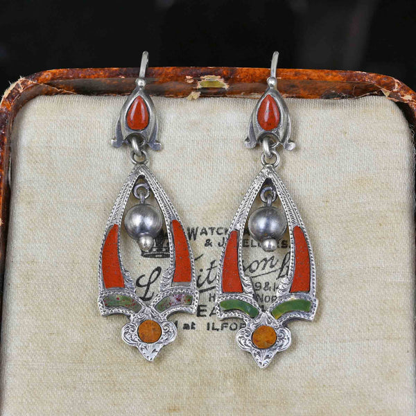 Antique Silver Jasper Agate Scottish Pebble Earrings - Boylerpf