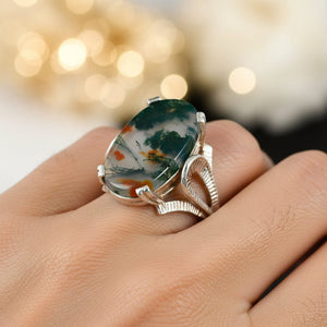 Vintage Moss Agate Dendritic Sterling Silver Statement Ring - Boylerpf