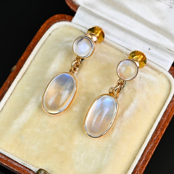 Vintage Birks 14K Gold Moonstone Cabochon Dangle Earrings