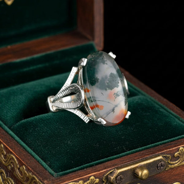 Vintage Moss Agate Dendritic Sterling Silver Statement Ring - Boylerpf