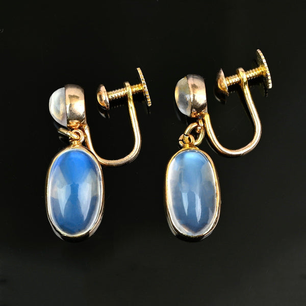 Vintage Birks 14K Gold Moonstone Cabochon Dangle Earrings
