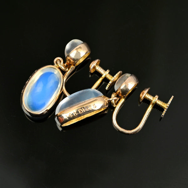 Vintage Birks 14K Gold Moonstone Cabochon Dangle Earrings