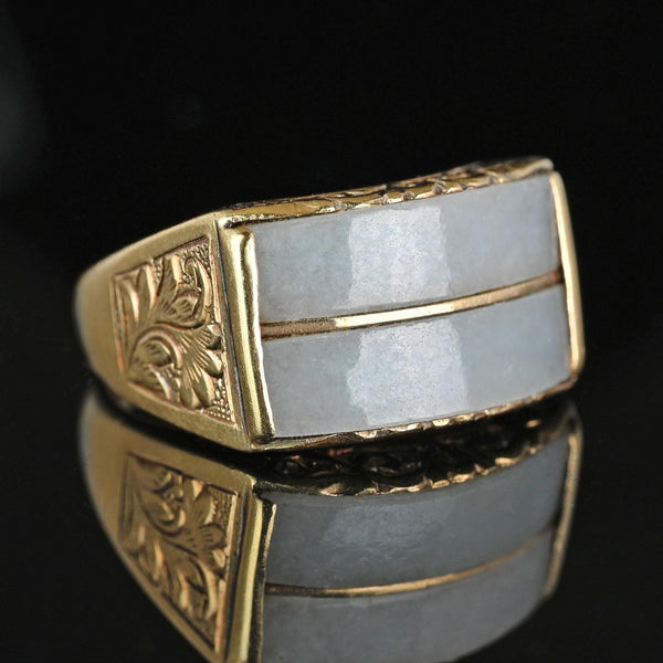 Retro Engraved 14K Gold Mings Jade Saddle Ring - Boylerpf