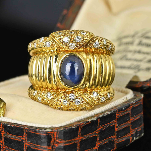 Impressive Wide 18K Gold Diamond Sapphire Ring Band - Boylerpf