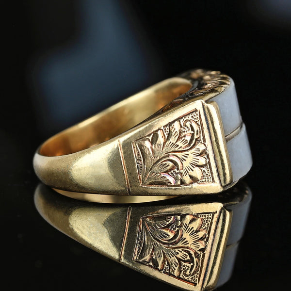 Retro Engraved 14K Gold Mings Jade Saddle Ring - Boylerpf
