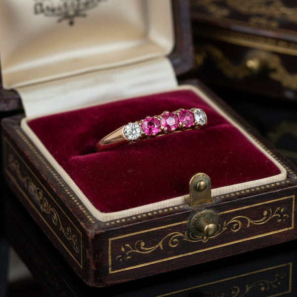 Antique Ruby Diamond Ring Edwardian 14K Gold Three Stone