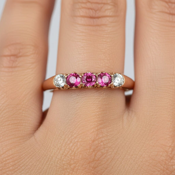 Antique Ruby Diamond Ring Edwardian 14K Gold Three Stone