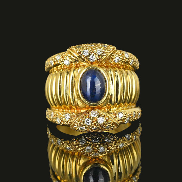 Impressive Wide 18K Gold Diamond Sapphire Ring Band - Boylerpf
