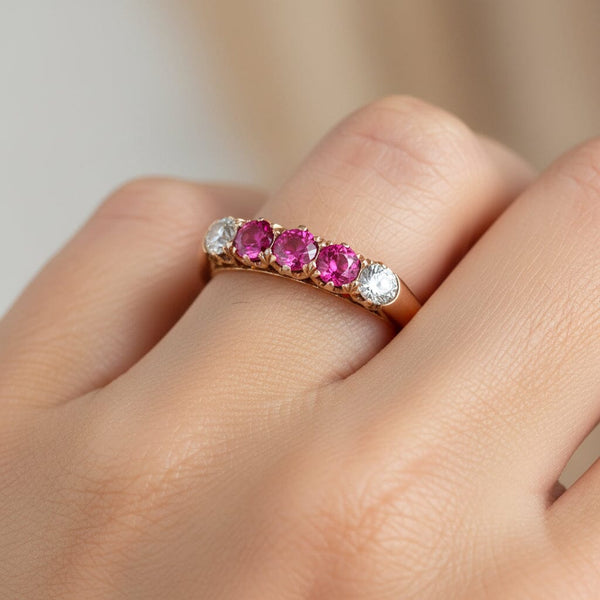 Antique Ruby Diamond Ring Edwardian 14K Gold Three Stone